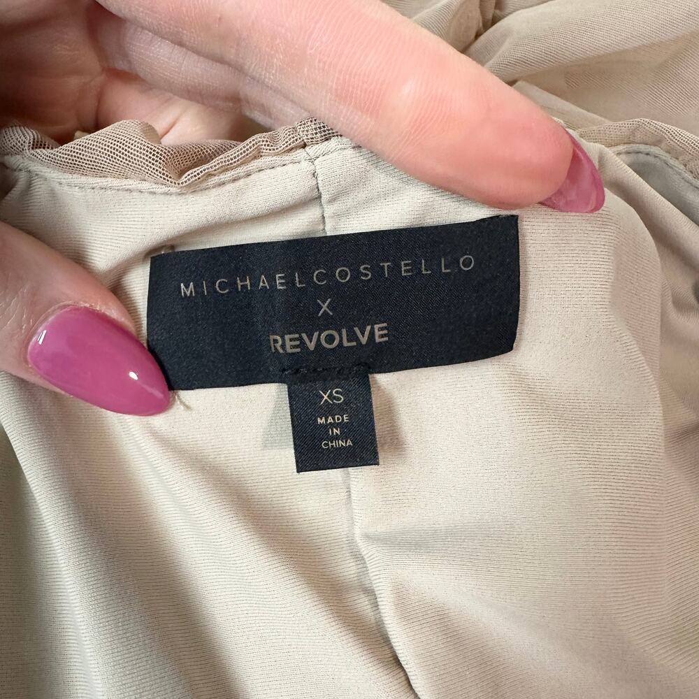 Michael Costello x REVOLVE Franky Mini Dress Mesh Ruched Long Sleeve, Taupe - Picture 11 of 14